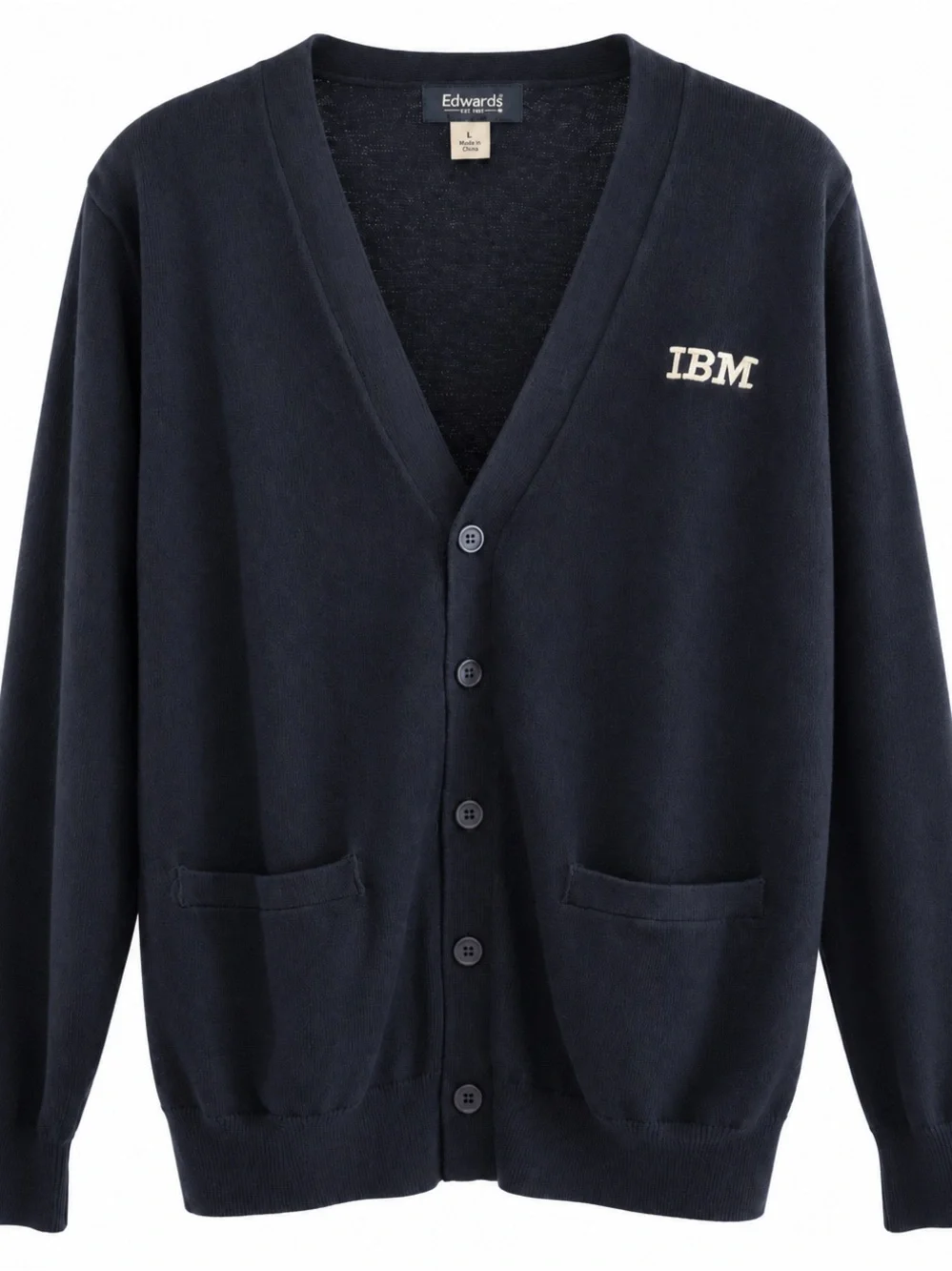 IBM Edwards Garment Navy Cardigan Sweater L Cotton Blend Corporate Tech Logo